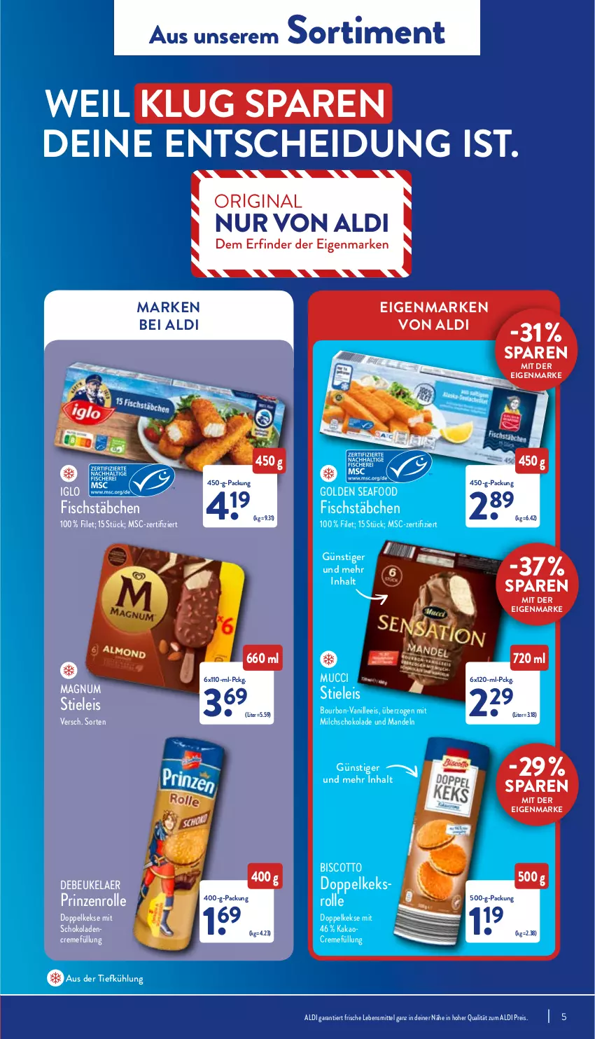 Aktueller Prospekt Aldi Nord - Aldi-Aktuell - von 11.07 bis 16.07.2022 - strona 5 - produkty: aldi, aus der tiefkühlung, biscotto, bourbon, creme, debeukelaer, Doppelkekse, eis, filet, fisch, fischstäbchen, iglo, kakao, keks, kekse, lebensmittel, magnum, mandel, mandeln, milch, prinzenrolle, reis, schoko, schokolade, schokoladen, stieleis, Ti, vanille