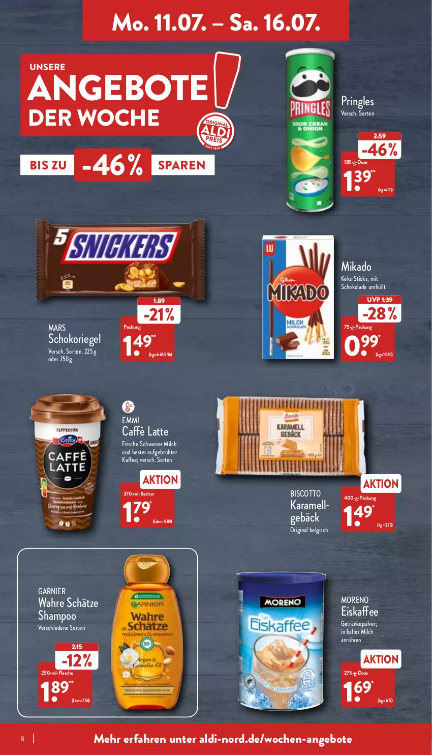 Aktueller Prospekt Aldi Nord - Aldi-Aktuell - von 11.07 bis 16.07.2022 - strona 8 - produkty: aldi, angebot, angebote, Becher, biscotto, caffè latte, eis, eiskaffee, emmi, flasche, garnier, getränk, getränke, getränkepulver, gin, kaffee, karamell, keks, latte, LG, mars, mikado, milch, Moreno, pringles, riegel, ring, schoko, schokolade, schokoriegel, shampoo, Ti, Wahre Schätze