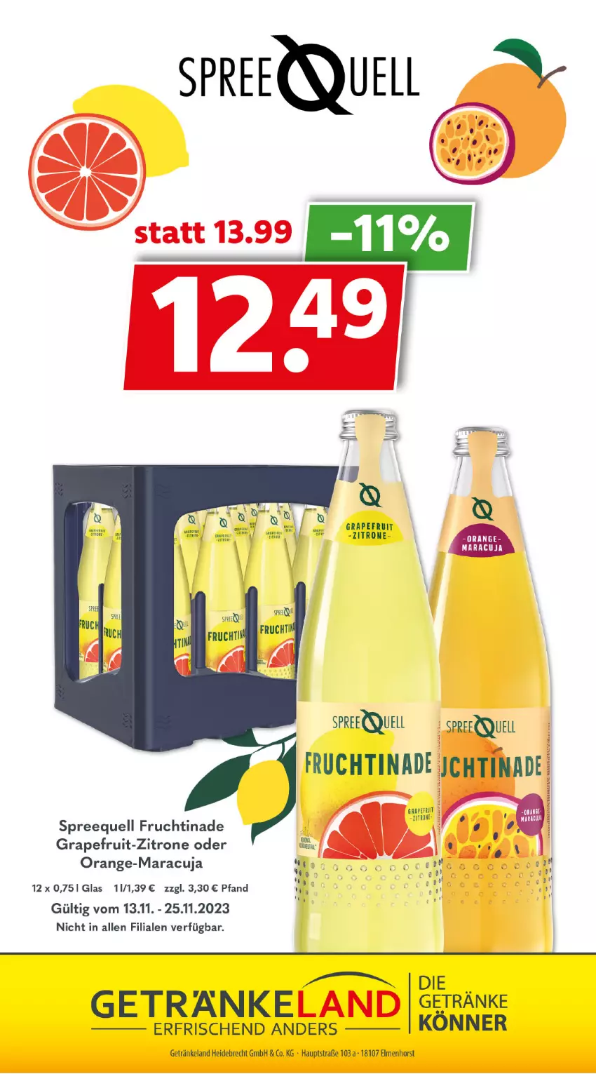 Aktueller Prospekt Getraenkeland - von 13.11 bis 25.11.2023 - strona 11 - produkty: Elan, frucht, getränk, getränke, grapefruit, maracuja, orange, rel, Spreequell, Ti, zitrone