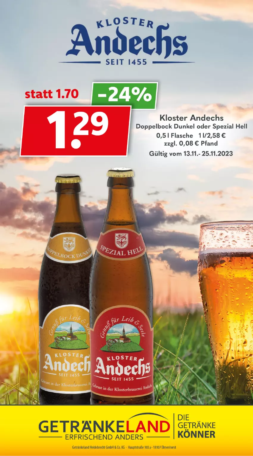 Aktueller Prospekt Getraenkeland - von 13.11 bis 25.11.2023 - strona 7 - produkty: Elan, flasche, getränk, getränke, Kloster Andechs, Spezi, Ti