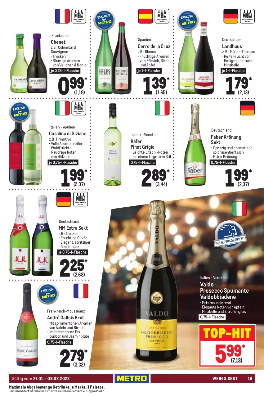 Aktueller Prospekt Metro - GastroJournal - von 27.01 bis 09.02.2022 - strona 19 - produkty: apfel, Birnen, Blüte, brut, Casali, cuvée, ecco, eis, elle, flasche, frucht, früchte, gallo, getränk, getränke, honig, honigmelone, käfer, mac, melone, merl, mm extra, mousse, Müller, Müller-Thurgau, Palette, pfirsich, Pinot, pinot grigio, primitivo, prosecco, puma, Rauch, sauvignon, sekt, spumante, Ti, tisch, top-hit, valdo, wein, zitrone, zitronen