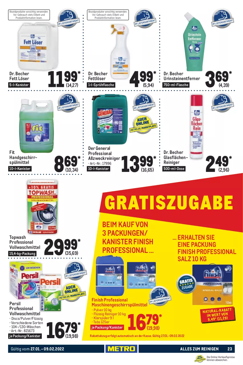 Aktueller Prospekt Metro - GastroJournal - von 27.01 bis 09.02.2022 - strona 23 - produkty: allzweckreiniger, auto, Becher, Fettlöser, Finish, flasche, geschirr, geschirrspülmittel, klarspüler, LG, natur, natura, persil, reiniger, salz, sprühflasche, spülmittel, Ti, tisch, vollwaschmittel, waschmittel, weck