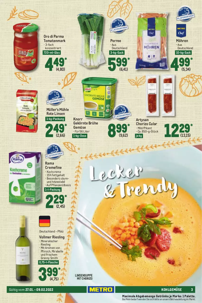 Aktueller Prospekt Metro - GastroJournal - von 27.01 bis 09.02.2022 - strona 3 - produkty: Brühe, chorizo, creme, elle, flasche, getränk, getränke, knorr, Kochcreme, LG, linsen, möhren, Müller, oro di parma, Palette, pfirsich, pflanze, pflanzen, Pflanzenöl, rama, rama cremefine, riesling, Rote Linsen, sac, Ti, tomate, tomaten, tomatenmark