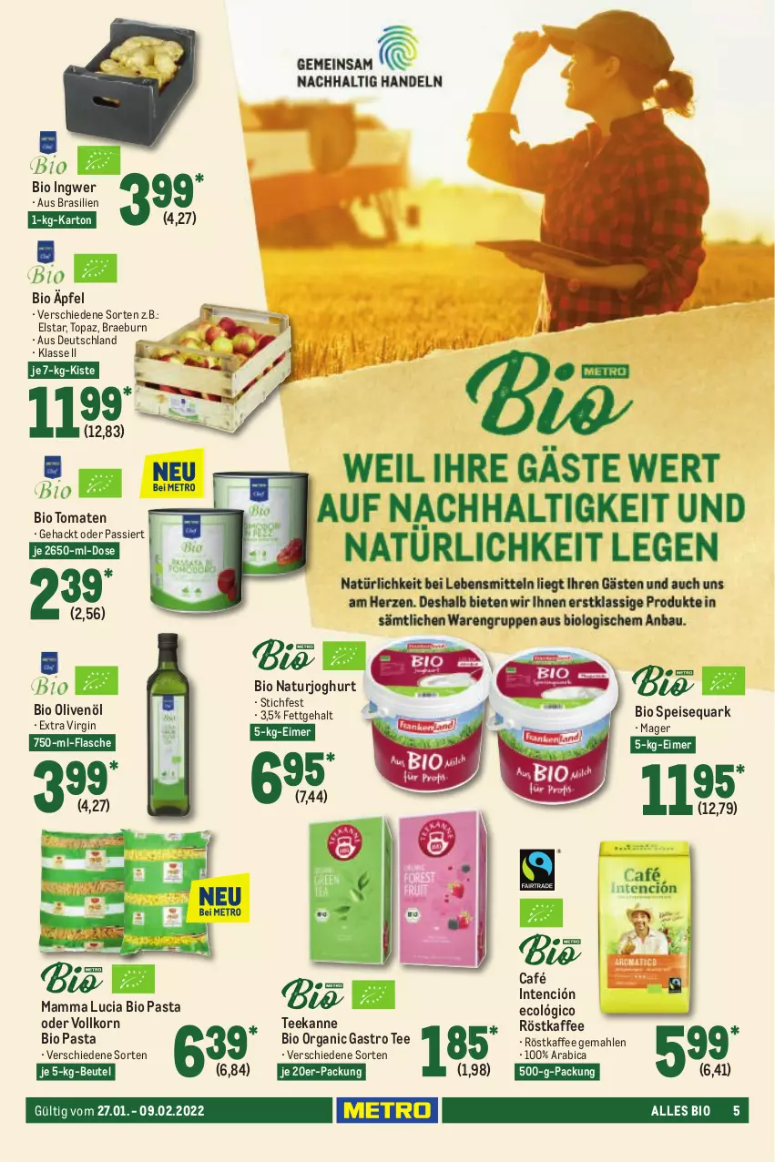 Aktueller Prospekt Metro - GastroJournal - von 27.01 bis 09.02.2022 - strona 5 - produkty: beutel, bio, eimer, eis, flasche, gin, ingwer, joghur, joghurt, kaffee, korn, mam, natur, naturjoghurt, olive, oliven, olivenöl, pasta, quark, röstkaffee, speisequark, tee, teekanne, Ti, tomate, tomaten