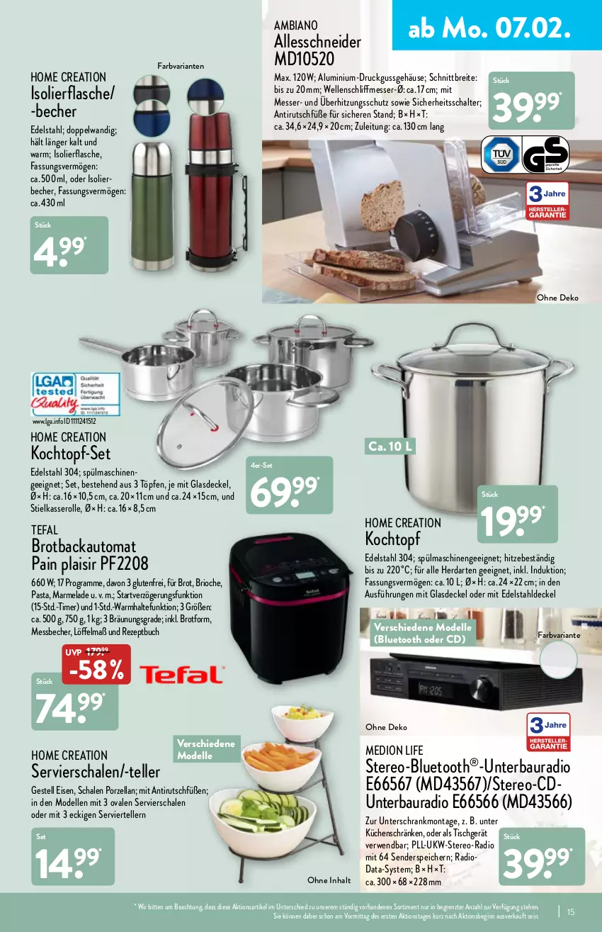 Aktueller Prospekt Aldi Nord - Aldi-Vorschau - von 07.02 bis 12.02.2022 - strona 15 - produkty: ambia, auto, Bau, Becher, Brei, brot, Brotbackautomat, Brotform, buch, decke, Deckel, dell, edelstahl, eis, elle, enders, flasche, gin, Glasdeckel, herdarten, isolierbecher, isolierflasche, Kochtopf, küche, Küchen, LG, Löffel, marmelade, medion, Messbecher, messer, Mode, pasta, Radio, rezept, Ria, rwe, Schal, Schale, Schrank, spülmaschinen, stielkasserolle, tefal, teller, Ti, timer, tisch, topf, topf-set, überhitzungsschutz, unterschrank, ZTE