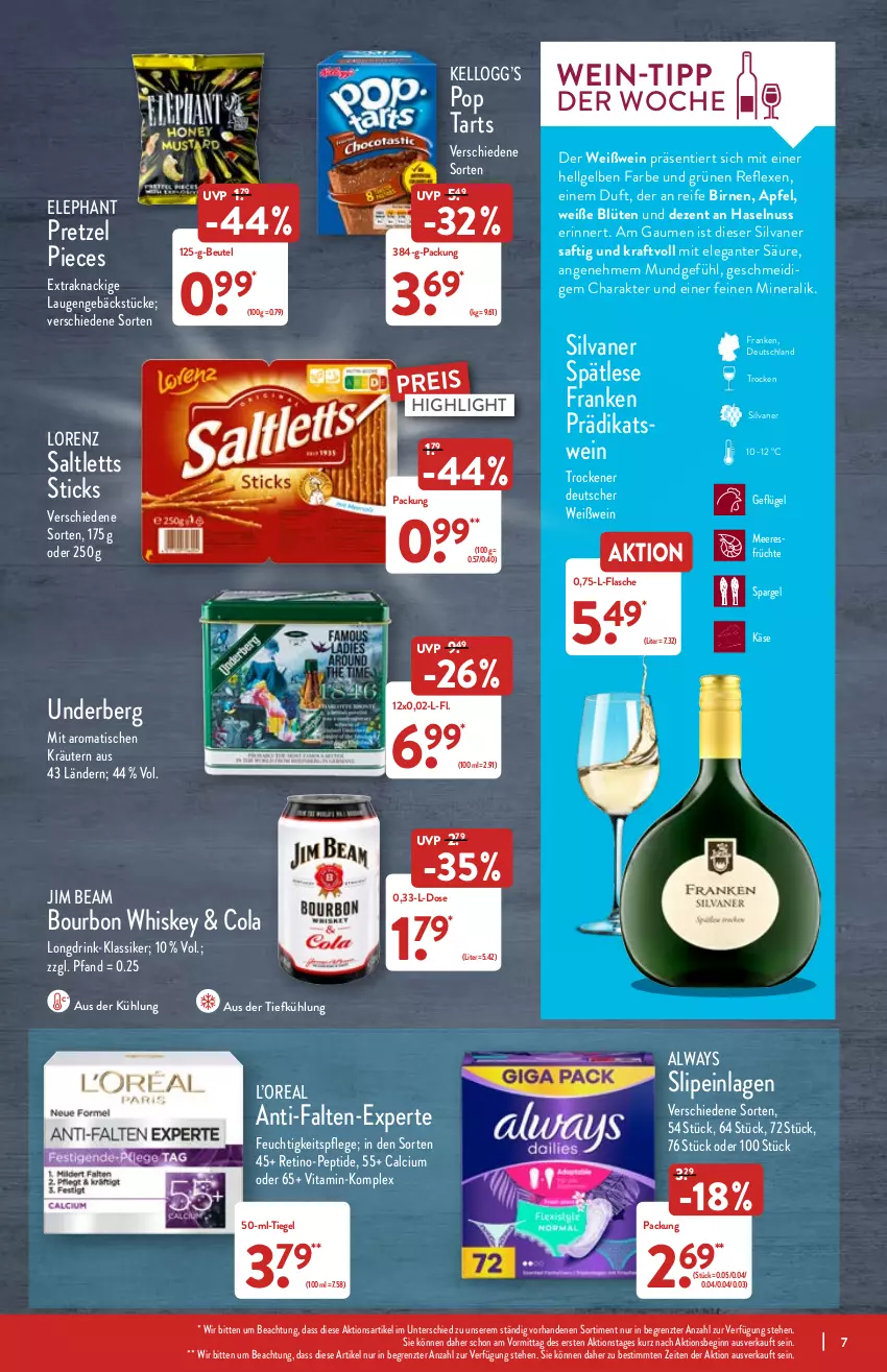 Aktueller Prospekt Aldi Nord - Aldi-Vorschau - von 07.02 bis 12.02.2022 - strona 7 - produkty: Alwa, Always, apfel, aus der tiefkühlung, beutel, Birnen, Blüte, bourbon, bourbon whiskey, Calcium, cola, drink, eis, feuchtigkeitspflege, flasche, früchte, Geflügel, gin, haselnuss, jim beam, Käse, kraft, kräuter, kräutern, LG, lorenz, meeresfrüchte, nuss, Pretzel, reis, saft, saltletts, silvaner, slip, slipeinlagen, spargel, Ti, tisch, underberg, vita, wein, Weißwein, whiskey, ZTE