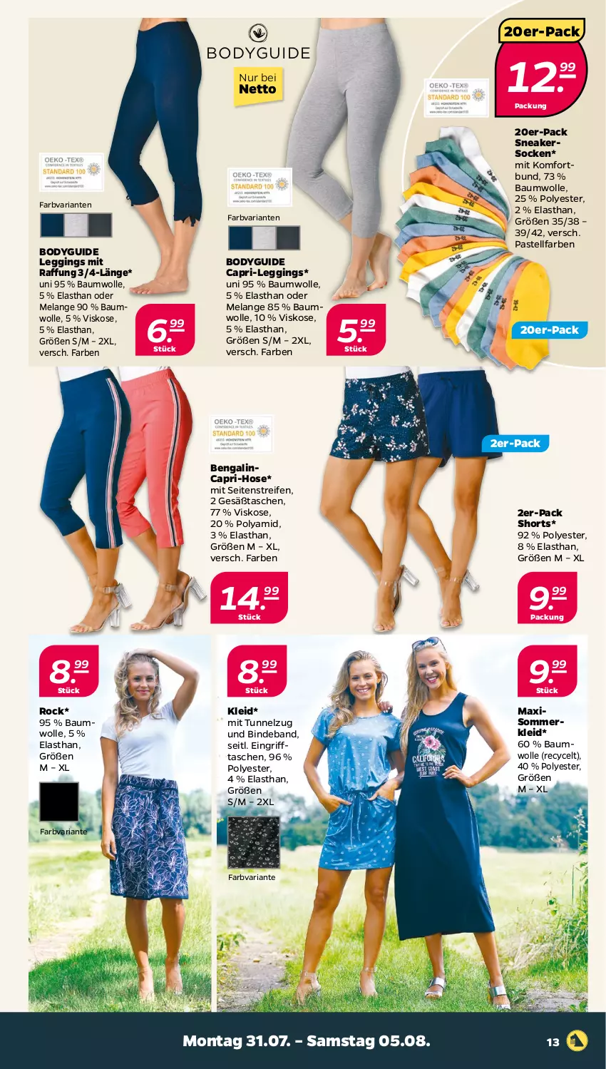 Aktueller Prospekt Netto - Woche 31 - von 31.07 bis 05.08.2023 - strona 13 - produkty: Bau, baumwolle, Bengalin, body, Cap, Elan, gin, hose, kleid, leggings, reifen, Ria, shorts, sneaker, sneakersocken, socken, Sommerkleid, Tasche, taschen, wolle