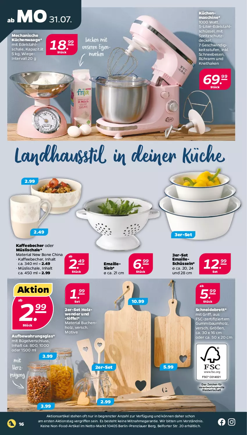 Aktueller Prospekt Netto - Woche 31 - von 31.07 bis 05.08.2023 - strona 16 - produkty: auer, Bau, Becher, buch, bügel, decke, Deckel, edelstahl, Holz, kaffee, kaffeebecher, küche, Küchen, küchenmaschine, Küchenwaage, Löffel, maille, müsli, Müslischale, Ria, Schal, Schale, Schneebesen, schneidebrett, schüssel, Spritzschutz, Ti, Waage, ZTE