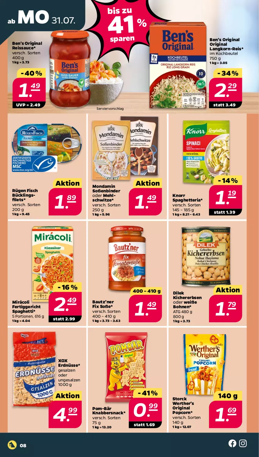 Aktueller Prospekt Netto - Woche 31 - von 31.07 bis 05.08.2023 - strona 8 - produkty: Bau, Ben’s Original, beutel, bohne, bohnen, eis, erbsen, erdnüsse, fertiggericht, filet, filets, fisch, gin, kichererbsen, KnabberSnack, knorr, kochbeutel, korn, mehl, Mirácoli, mondamin, pom-bär, popcorn, reis, reiss, Ria, salz, sauce, snack, Soße, spaghetti, storck, Ti, Weiße Bohnen