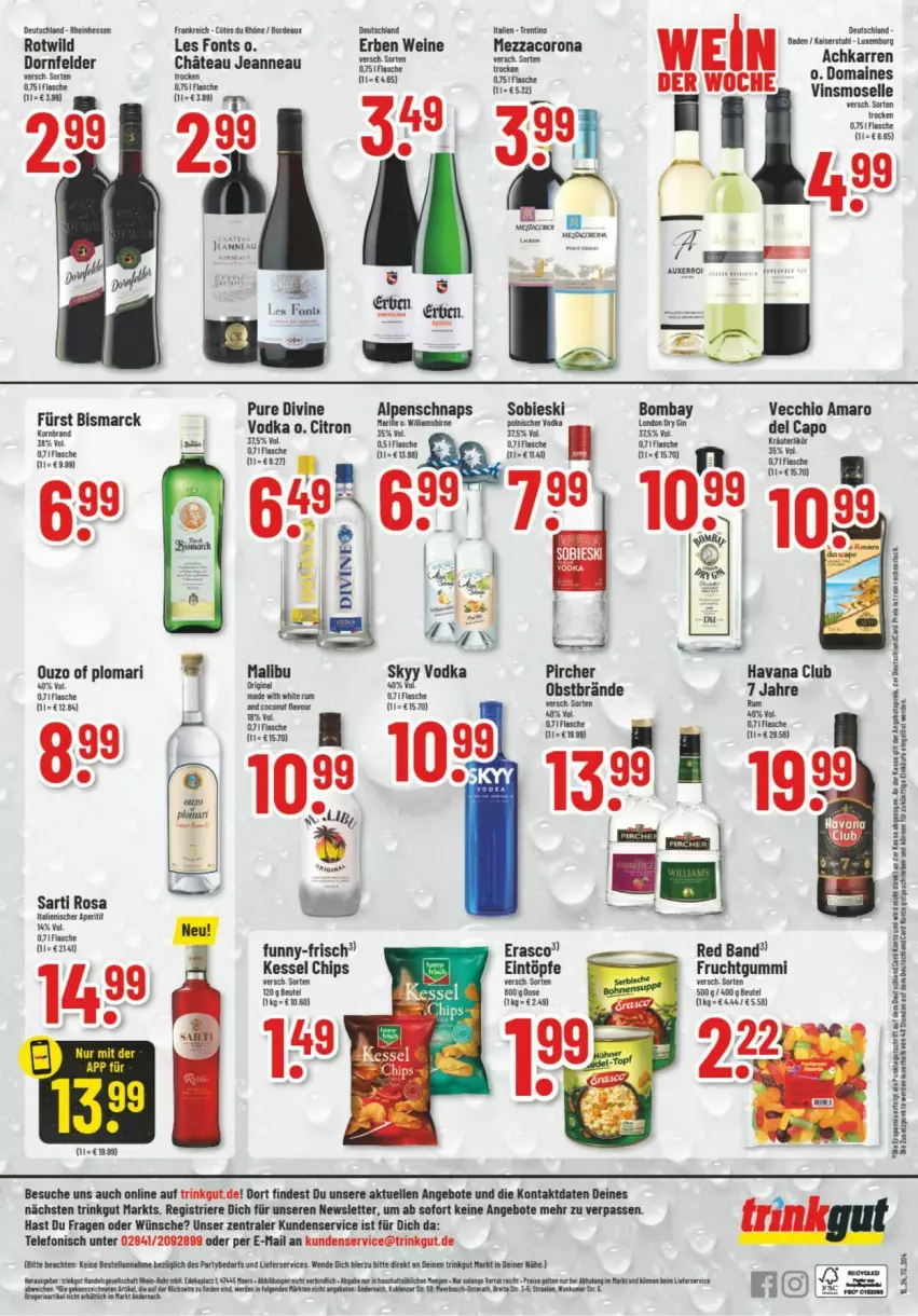 Aktueller Prospekt Trinkgut - Prospekte - von 08.04 bis 13.04.2024 - strona 6 - produkty: amaro, angebot, angebote, Bad, beutel, bismarck, chips, coconut, corona, dornfelder, eintöpfe, elle, erasco, fisch, fische, flasche, frucht, fruchtgummi, funny-frisch, Havana Club, Kaiser, korn, mac, Malibu, mezzacorona, obst, ouzo, pircher, rum, skyy, Skyy Vodka, stuhl, telefon, Ti, vodka, wein, weine, white rum, Wild