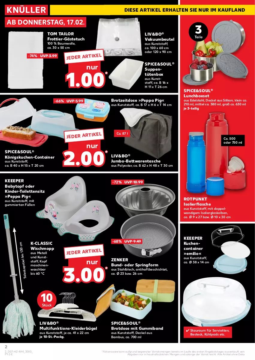 Aktueller Prospekt Kaufland - von 17.02 bis 23.02.2022 - strona 2 - produkty: angebot, bambus, Bau, baumwolle, besteck, bett, beutel, brot, Brotdose, bügel, Container, decke, Deckel, edelstahl, flasche, gästetuch, isolierflasche, jumbo, Kinder, kleid, kleider, kleiderbügel, kuchen, lunchbox, Peppa Pig, ring, Serviette, servietten, Springform, suppe, suppen, Tasche, Teleskop, Ti, tom tailor, topf, tuc, Tüte, Vakuumbeutel, Wischmopp, wolle, ZTE