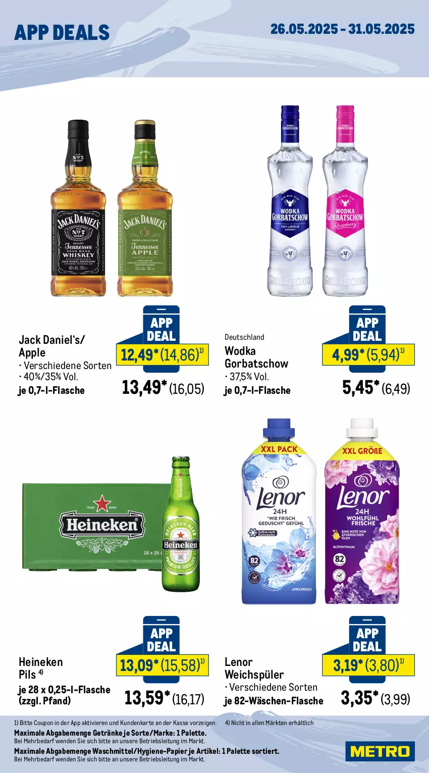 Aktueller Prospekt Metro - App Deals - von 26.05 bis 31.05.2025 - strona 2 - produkty: Apple, coupon, flasche, getränk, getränke, Gorbatschow, heineken, jack daniel, lenor, lenor weichspüler, Palette, papier, pils, Ti, waschmittel, weichspüler, wodka