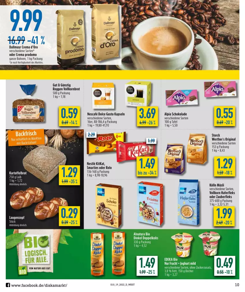 Aktueller Prospekt Diska - Prospekte - von 09.05 bis 14.05.2022 - strona 10 - produkty: alpia, Becher, bohne, bohnen, brot, dallmayr, dolce gusto, frucht, gin, hafer, haferfleks, joghur, joghurt, joghurt mild, keks, kitkat, kölln, korn, Kornbrot, müsli, natur, nescafe, prodomo, schoko, schokolade, smarties, storck, Ti, vollkornbrot, zucker