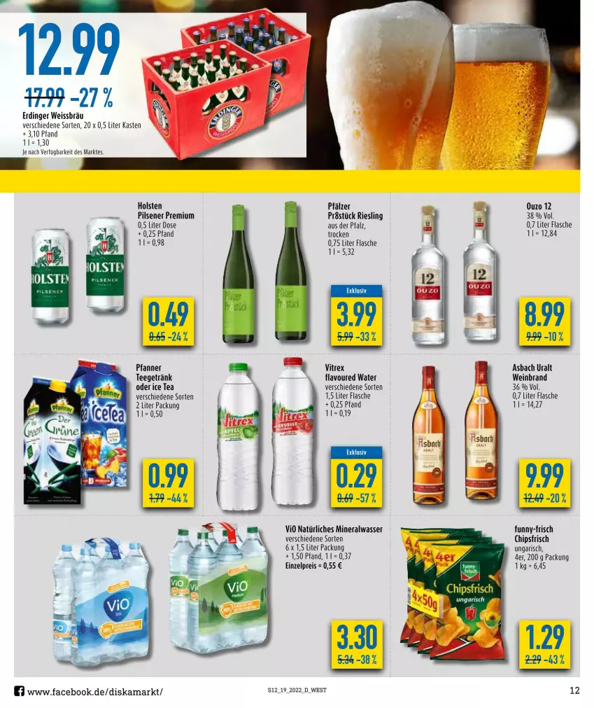 Aktueller Prospekt Diska - Prospekte - von 09.05 bis 14.05.2022 - strona 12 - produkty: Alwa, asbach uralt, chips, chipsfrisch, eis, erdinger, flasche, funny-frisch, getränk, holsten, ice tea, mineralwasser, natürliches mineralwasser, pfanne, Pfanner, pils, pilsener, reis, riesling, tee, vitrex, wasser, wein, weinbrand