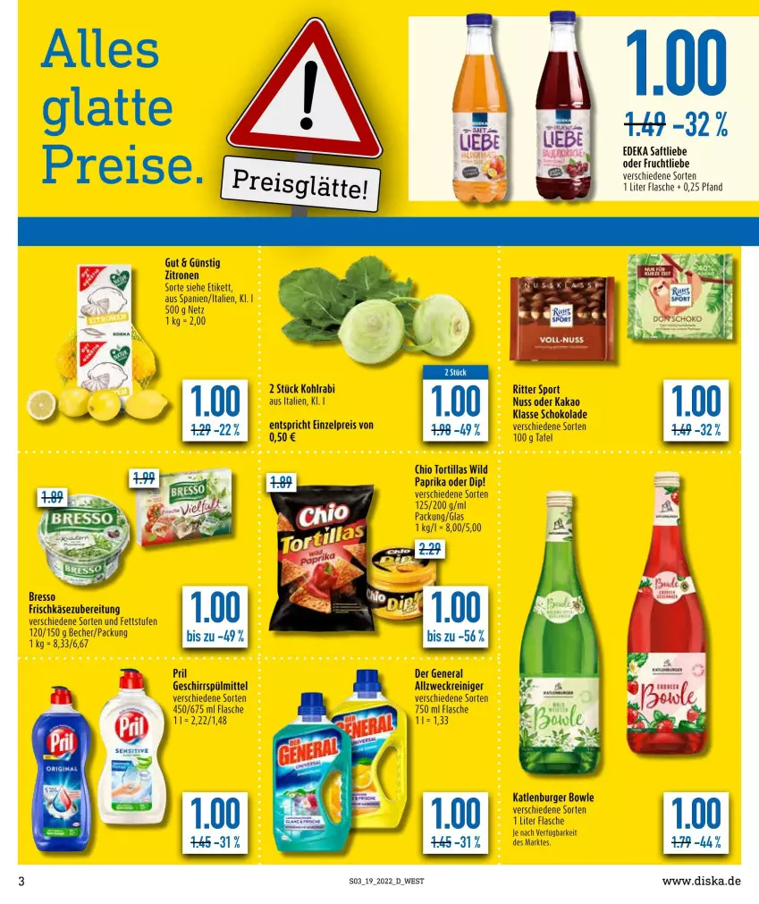 Aktueller Prospekt Diska - Prospekte - von 09.05 bis 14.05.2022 - strona 3 - produkty: allzweckreiniger, Becher, bowle, bresso, burger, deka, dip, Dorsch, eis, flasche, frischkäse, frischkäsezubereitung, frucht, geschirr, geschirrspülmittel, kakao, Käse, katlenburger, kohlrabi, latte, nuss, paprika, pril, reiniger, reis, ritter, ritter sport, saft, schoko, schokolade, Sport, spülmittel, Ti, tortilla, tortillas, weck, Wild, wild paprika