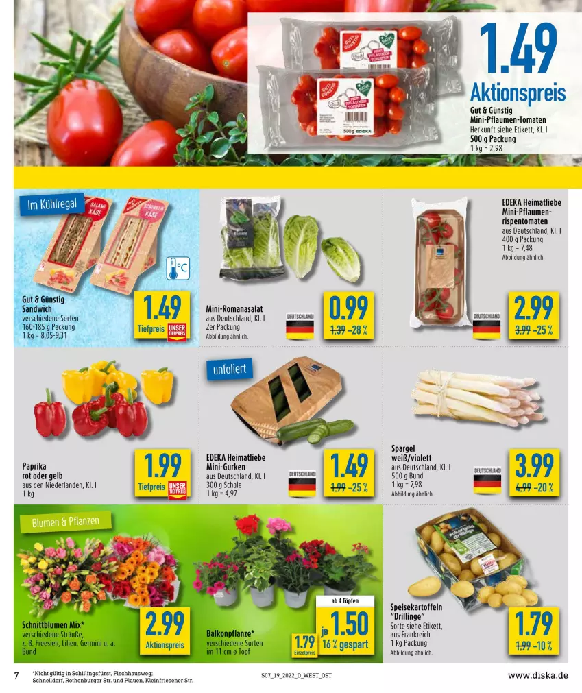 Aktueller Prospekt Diska - Prospekte - von 09.05 bis 14.05.2022 - strona 7 - produkty: aktionspreis, burger, deka, eis, fisch, gurke, gurken, kartoffel, kartoffeln, mini-gurken, paprika, paprika rot, pflaume, pflaumen, Pflaumen-Tomaten, reis, rispentomaten, Romanasalat, salat, Schal, Schale, spargel, speisekartoffeln, Ti, tomate, tomaten