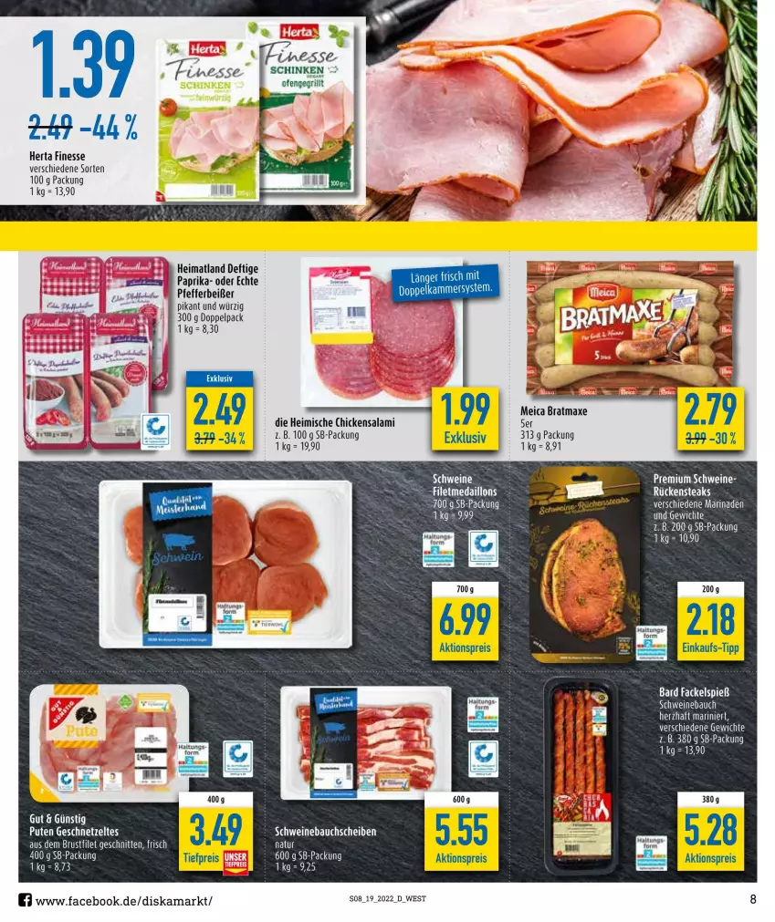 Aktueller Prospekt Diska - Prospekte - von 09.05 bis 14.05.2022 - strona 8 - produkty: aktionspreis, axe, Bau, bauchscheiben, bratmaxe, brustfilet, eis, filet, finesse, geschnetzeltes, grill, herta, herta finesse, meica, Ofen, paprika, pute, reis, Rückensteak, rückensteaks, salami, schinken, schnitten, schwein, schweine, Schweinebauch, schweinebauchscheiben, steak, steaks, Ti, tiefpreis, wein, weine, Zelt