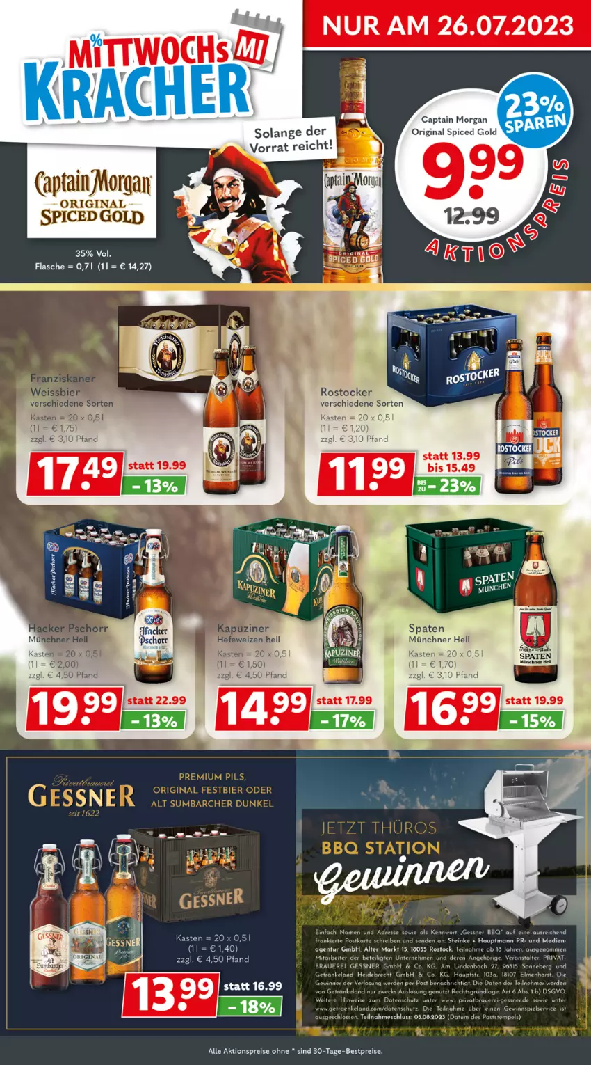 Aktueller Prospekt Getraenkeland - von 24.07 bis 05.08.2023 - strona 2 - produkty: aktionspreis, auer, bestpreis, bestpreise, Cap, captain morgan, eis, Elan, erde, flasche, Gessner, getränk, getränke, gewinnspiel, gin, original spiced gold, reis, Spaten, Spiele, Ti, weck