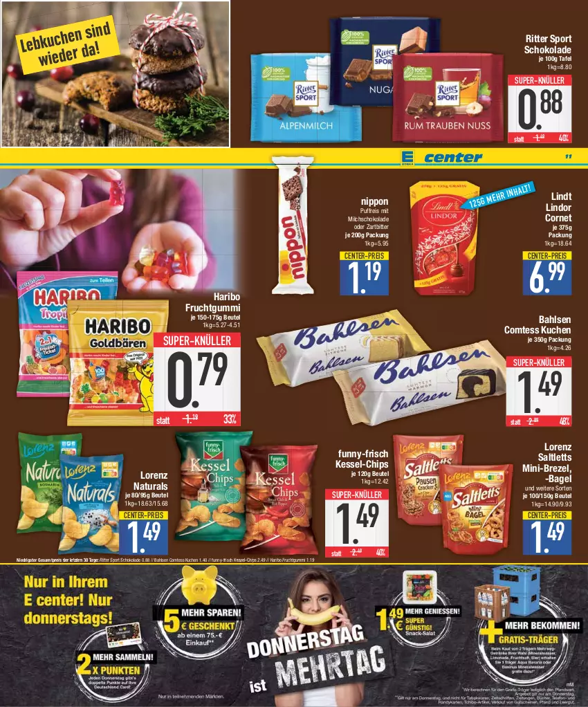 Aktueller Prospekt E Center - Angebote der Woche - von 25.09 bis 30.09.2023 - strona 11 - produkty: Bagel, bahlsen, beutel, brezel, chips, comtess, comtess kuchen, eis, ente, frucht, fruchtgummi, funny-frisch, haribo, kuchen, lindor, lindt, lorenz, milch, natur, natura, nippon, reis, ritter, ritter sport, saltletts, schoko, schokolade, Sport, super-knüller, ZTE