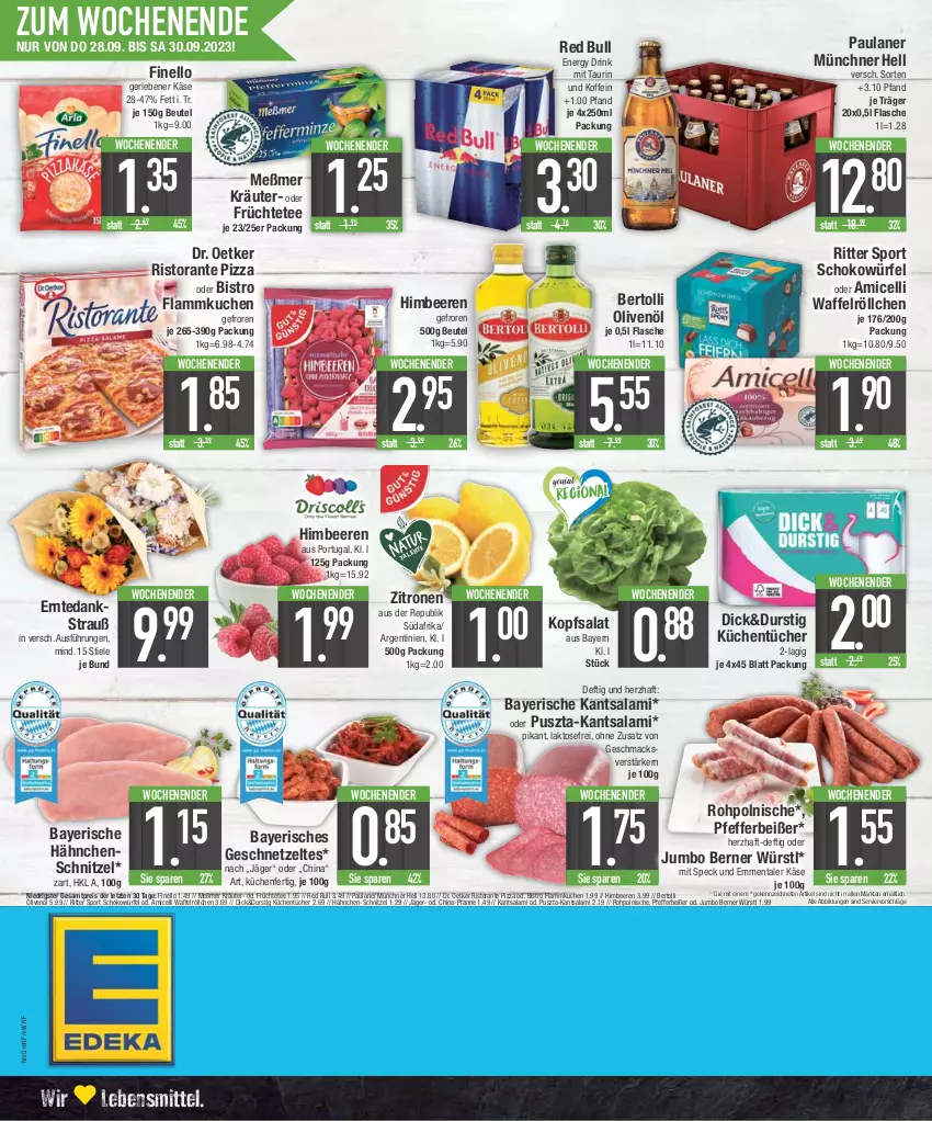 Aktueller Prospekt E Center - Angebote der Woche - von 25.09 bis 30.09.2023 - strona 20 - produkty: amicelli, beere, beeren, bertolli, beutel, Dr. Oetker, drink, eis, emmentaler, energy drink, finello, flammkuchen, flasche, früchte, Früchtetee, geschnetzeltes, Hähnchenschnitzel, himbeer, himbeere, himbeeren, HP, jumbo, Käse, kopfsalat, kräuter, küche, Küchen, kuchen, küchentücher, lamm, lebensmittel, mac, Meßmer, olive, oliven, olivenöl, Paula, paulaner, pfanne, pfeffer, Pfefferbeißer, pizza, red bull, reis, ristorante, ristorante pizza, ritter, ritter sport, salami, salat, schnitzel, schoko, schokowürfel, Speck, Sport, tee, Ti, tücher, Waffelröllchen, würfel, Zelt, zitrone, zitronen, ZTE