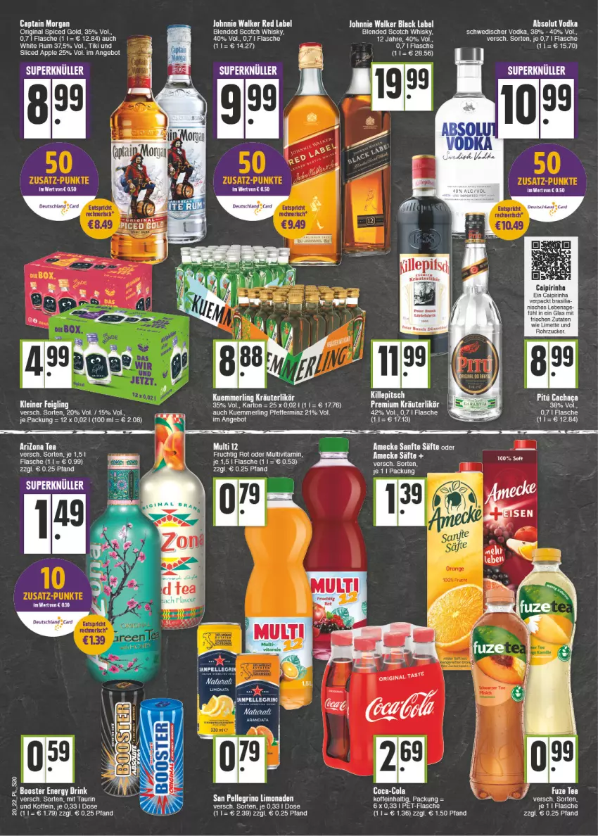 Aktueller Prospekt E Center - Angebote der Woche - von 16.05 bis 21.05.2022 - strona 20 - produkty: amecke, angebot, Apple, black label, blended scotch, blended scotch whisky, caipirinha, Cap, captain morgan, coca-cola, cola, flasche, frucht, fuze tea, gin, johnnie walker, kleiner feigling, kräuter, kuemmerling, lack, leine, likör, limette, limo, merl, Mett, original spiced gold, pfeffer, rohrzucker, rum, säfte, scotch, scotch whisky, tee, Ti, vita, vodka, whisky, white rum, zucker