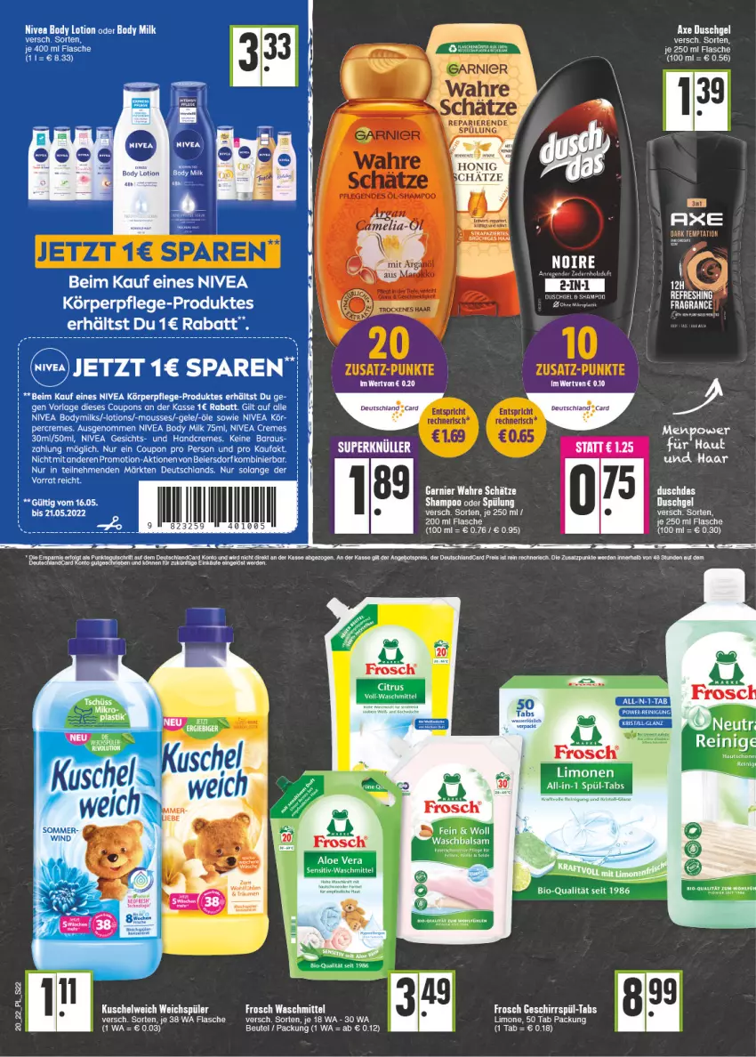 Aktueller Prospekt E Center - Angebote der Woche - von 16.05 bis 21.05.2022 - strona 22 - produkty: angebot, angebotspreis, axe, axe duschgel, beutel, body, body lotion, body milk, Bodymilk, bomann, coupon, coupons, creme, deutschland card, deutschlandcard, duschgel, eier, eis, erde, flasche, Frosch, garnier, handcreme, honig, körperpflege, Kuschelweich, limo, Lotion, mousse, nivea, Reinigung, reis, spülung, Ti, Wahre Schätze, waschmittel, wasser, weichspüler