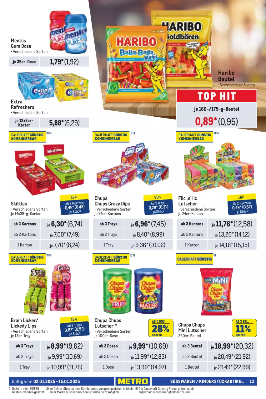 Aktueller Prospekt Metro - Händler Journal - von 01.01 bis 15.01.2025 - strona 13 - produkty: auer, beutel, chupa, chupa chups, dip, eis, haribo, Kinder, Lutscher, mentos, Metro, reis, skittles, süsswaren, Ti