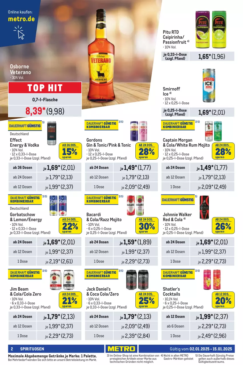 Aktueller Prospekt Metro - Händler Journal - von 01.01 bis 15.01.2025 - strona 2 - produkty: auer, bacardi, caipirinha, Cap, captain morgan, cocktail, cocktails, cola, Effect, eis, flasche, getränk, getränke, gin, Gorbatschow, gordon, gordons, jack daniel, jim beam, johnnie walker, Metro, mojito, osborne, Palette, reis, rum, smirnoff, spirituosen, Ti, tonic, veterano, vodka, white rum