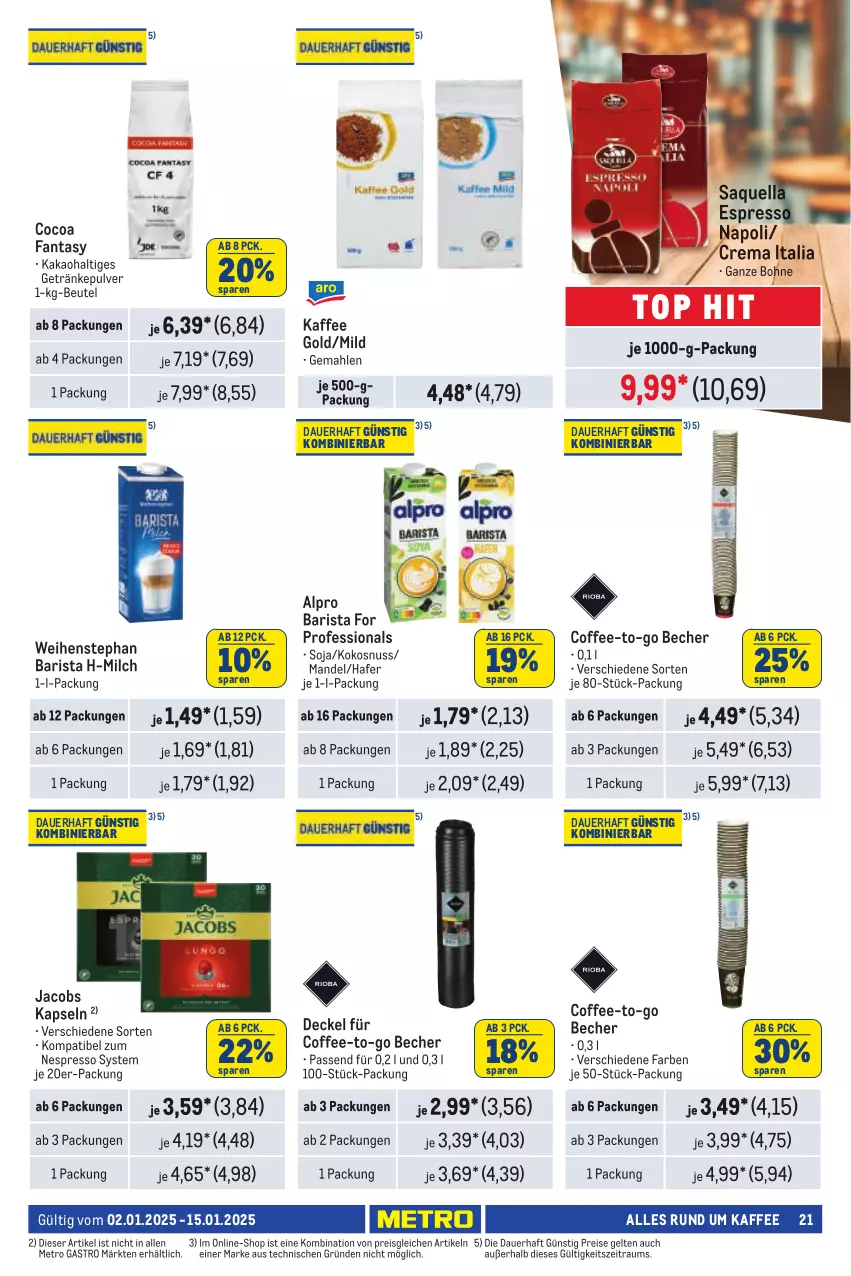 Aktueller Prospekt Metro - Händler Journal - von 01.01 bis 15.01.2025 - strona 21 - produkty: alpro, auer, Becher, beutel, bohne, decke, Deckel, eis, espresso, fanta, getränk, getränke, getränkepulver, hafer, jacobs, kaffee, kakao, kokos, kokosnuss, mandel, Metro, metro gastro, milch, nespresso, nuss, reis, soja, Ti, weihenstephan