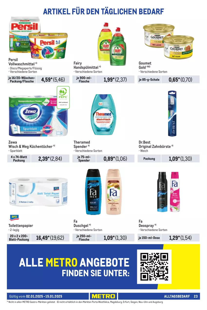 Aktueller Prospekt Metro - Händler Journal - von 01.01 bis 15.01.2025 - strona 23 - produkty: angebot, angebote, bürste, deo, deospray, duschgel, fa duschgel, fairy, flasche, gin, küche, Küchen, küchentücher, megaperls, Metro, metro gastro, papier, persil, Schal, Schale, spülmittel, theramed, Ti, toilettenpapier, tücher, vollwaschmittel, waschmittel, zahnbürste, zewa