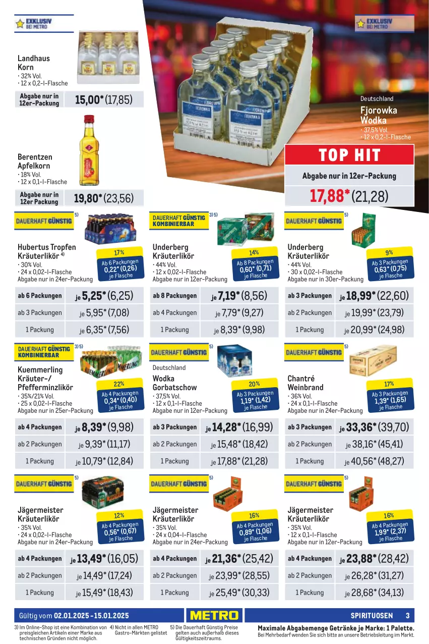 Aktueller Prospekt Metro - Händler Journal - von 01.01 bis 15.01.2025 - strona 3 - produkty: apfel, auer, berentzen, chantré, eis, flasche, Germ, getränk, getränke, Gorbatschow, jägermeister, korn, kräuter, kräuterlikör, kuemmerling, likör, Meister, merl, Metro, Palette, pfeffer, pfefferminzlikör, reis, spirituosen, Ti, underberg, wein, weinbrand, wodka