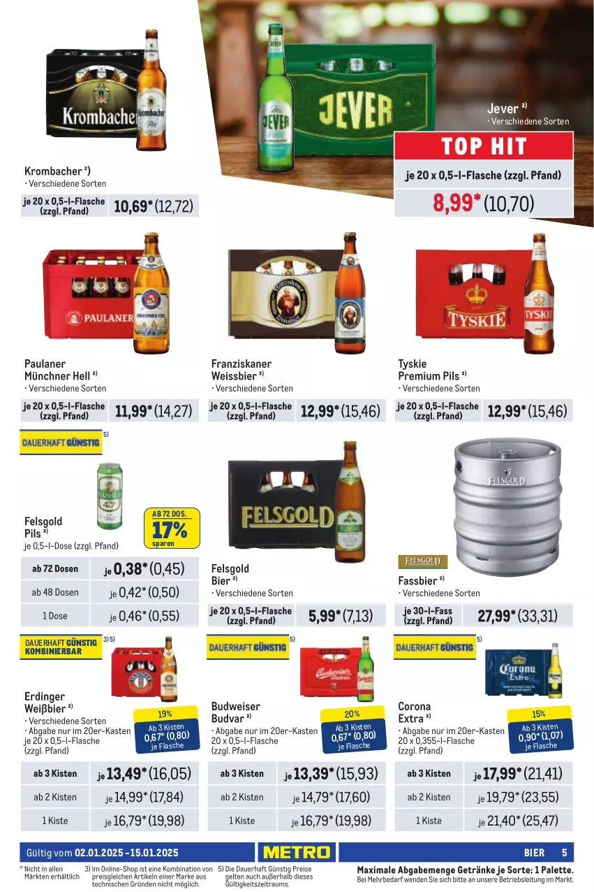 Aktueller Prospekt Metro - Händler Journal - von 01.01 bis 15.01.2025 - strona 5 - produkty: auer, bier, budweiser, corona, corona extra, eis, erdinger, flasche, franziskaner, getränk, getränke, jever, krombache, krombacher, Palette, Paula, paulaner, pils, premium pils, reis, Ti, tyskie, weissbier