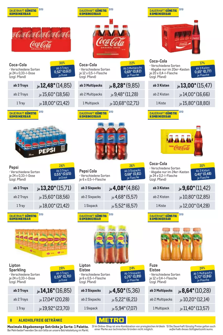 Aktueller Prospekt Metro - Händler Journal - von 01.01 bis 15.01.2025 - strona 8 - produkty: alkohol, alkoholfreie getränke, auer, coca-cola, cola, eis, eistee, flasche, getränk, getränke, lipton, Palette, pepsi, Pepsi Cola, reis, tee, Ti