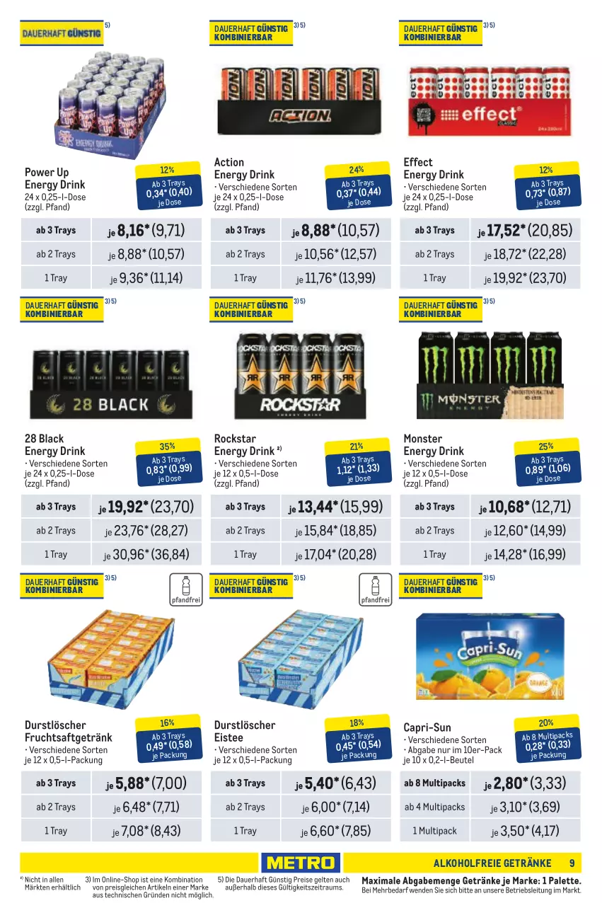 Aktueller Prospekt Metro - Händler Journal - von 01.01 bis 15.01.2025 - strona 9 - produkty: alkohol, alkoholfreie getränke, auer, beutel, Cap, capri-sun, drink, durstlöscher, Effect, eis, eistee, energy drink, frucht, fruchtsaft, fruchtsaftgetränk, getränk, getränke, lack, monster, Monster Energy, Palette, reis, Rockstar, saft, tee, Ti