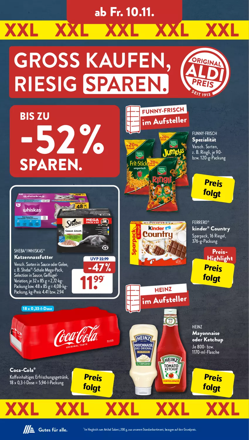 Aktueller Prospekt AldiSud - IN ZWEI WOCHEN - von 06.11 bis 11.11.2023 - strona 24 - produkty: coca-cola, cola, eis, elle, erfrischungsgetränk, ferrero, flasche, funny-frisch, Geflügel, gelee, getränk, heinz, ketchup, Kinder, LG, mayonnaise, nassfutter, reis, Ria, riegel, ring, salami, sauce, Schal, Schale, sheba, Spezi, teller, Ti, whiskas, Yo