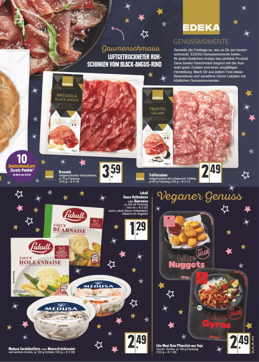 Aktueller Prospekt E Center - Angebote der Woche - von 13.12 bis 18.12.2021 - strona 13 - produkty: angebot, Bresaola, deka, dell, eier, elle, ente, filet, filets, früchte, gin, hollandaise, küche, Like Meat, lukull, mac, meeresfrüchte, nuss, resa, rind, salat, Sardellen, sauce, sauce hollandaise, Schal, Schale, tesa, Ti, Trüffel