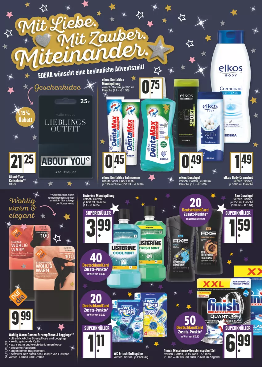 Aktueller Prospekt E Center - Angebote der Woche - von 13.12 bis 18.12.2021 - strona 22 - produkty: angebot, axe, axe duschgel, Bad, body, brillance, creme, duschgel, elkos, Finish, flasche, geschirr, geschirrspülmittel, gin, hose, kräuter, leggings, listerine, Mattel, mundspülung, rum, Spülen, spülmittel, spülung, Strumpfhose, Ti, wasser, Yo, zahncreme