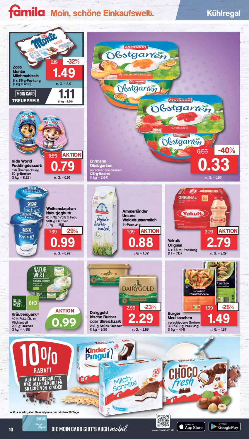 Aktueller Prospekt Famila - Prospekte - von 16.01 bis 21.01.2023 - strona 10 - produkty: ammerländer, Becher, butter, buttermilch, Dairygold, dessert, ehrmann, eis, Garten, gin, irische butter, joghur, joghurt, Kinder, kräuter, kühlregal, maultaschen, merl, milch, Milchschnitte, monte, natur, naturjoghurt, obst, obstgarten, pudding, quark, regal, reis, snack, snacks, Streichzart, Tasche, taschen, Ti, weihenstephan, zott, Zott Monte, ZTE