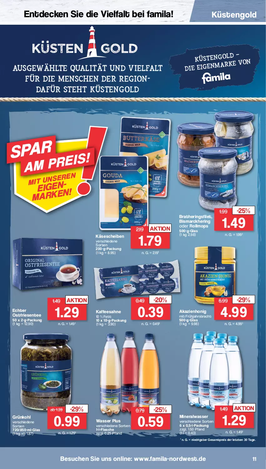 Aktueller Prospekt Famila - Prospekte - von 16.01 bis 21.01.2023 - strona 11 - produkty: Alwa, bismarck, decke, eis, ente, filet, flasche, hering, Herings, honig, kaffee, Käse, käsescheiben, küstengold, mineralwasser, reis, ring, sahne, tee, Ti, wasser, ZTE