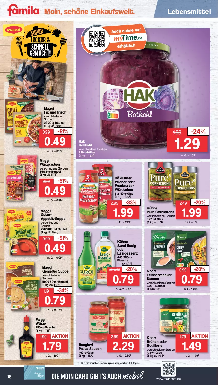 Aktueller Prospekt Famila - Prospekte - von 16.01 bis 21.01.2023 - strona 16 - produkty: beutel, böklunder, Brühe, eis, essig, feinschmecker, flasche, frankfurter, knorr, Kühne, lebensmittel, mac, maggi, maggi fix, maggi würze, pasta, Pasta Sauce, reis, rotkohl, sauce, saucen, suppe, Ti, wiener, würstchen, ZTE