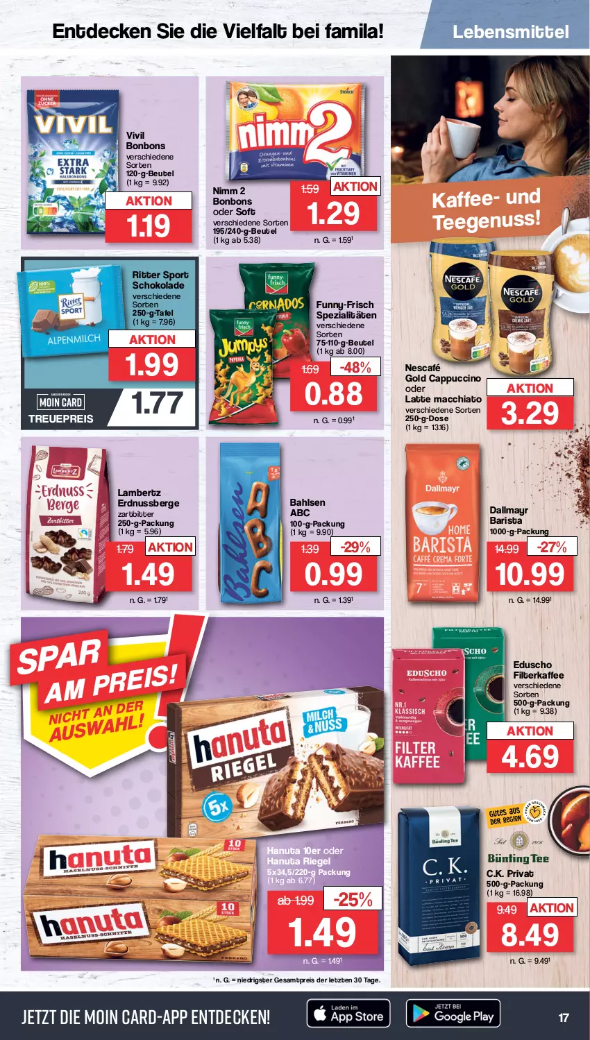 Aktueller Prospekt Famila - Prospekte - von 16.01 bis 21.01.2023 - strona 17 - produkty: ACC, Amber, bahlsen, beutel, bonbons, Cap, cappuccino, chia, cin, dallmayr, decke, eduscho, eis, erdnuss, filterkaffee, funny-frisch, hanuta, kaffee, lambertz, latte, latte macchiato, lebensmittel, mac, macchiato, Nescafé, nescafé gold, Nimm 2, nuss, reis, riegel, ritter, ritter sport, schoko, schokolade, Spezi, Sport, tee, Ti, ZTE