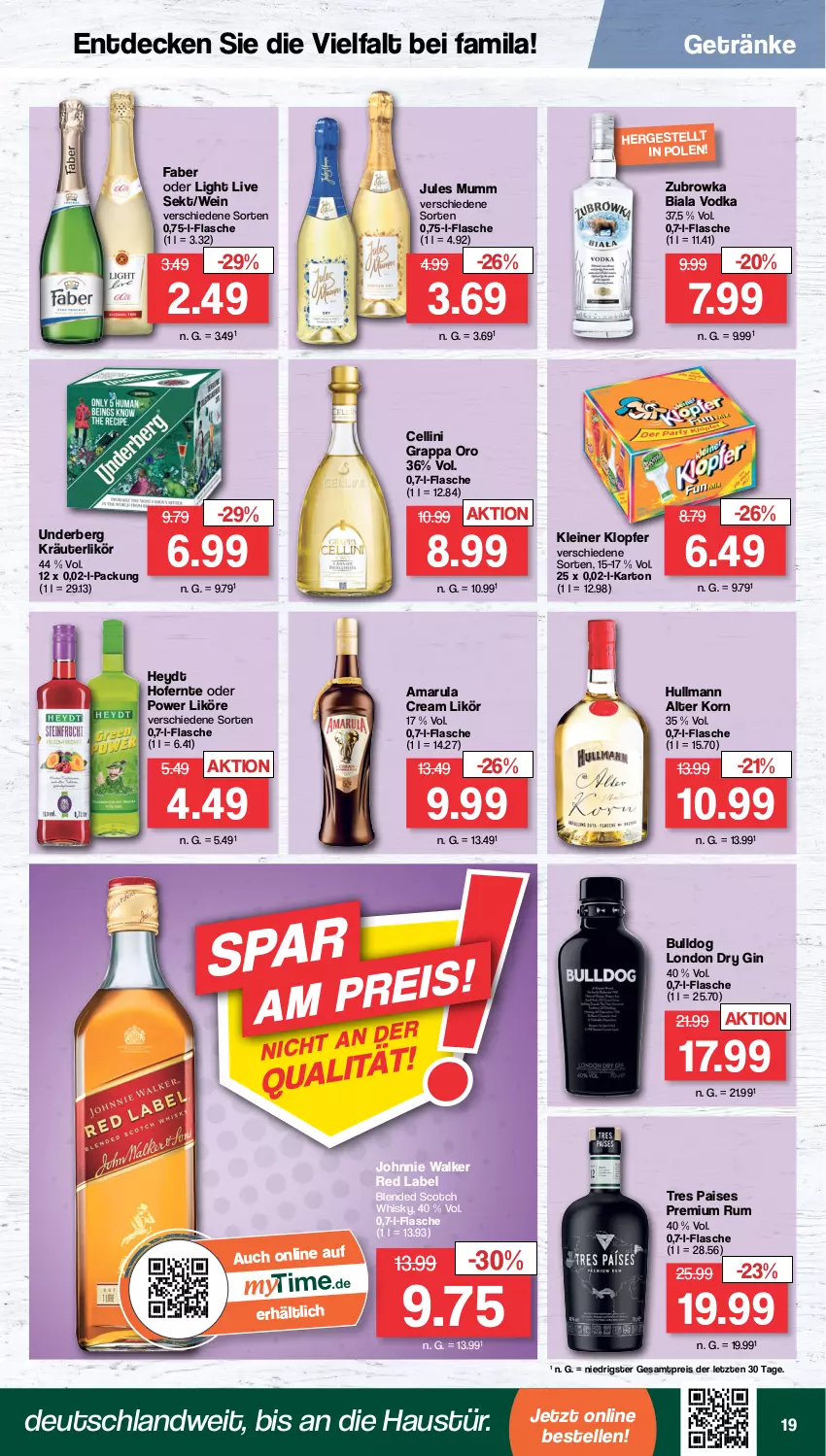 Aktueller Prospekt Famila - Prospekte - von 16.01 bis 21.01.2023 - strona 19 - produkty: amarula, aust, blended scotch, blended scotch whisky, Bulldog, decke, dry gin, eis, elle, flasche, getränk, getränke, gin, grappa, johnnie walker, jules mumm, kleiner klopfer, korn, kräuter, kräuterlikör, leine, likör, london dry, london dry gin, mumm, reis, rum, scotch, scotch whisky, sekt, Ti, underberg, vodka, wein, whisky, ZTE