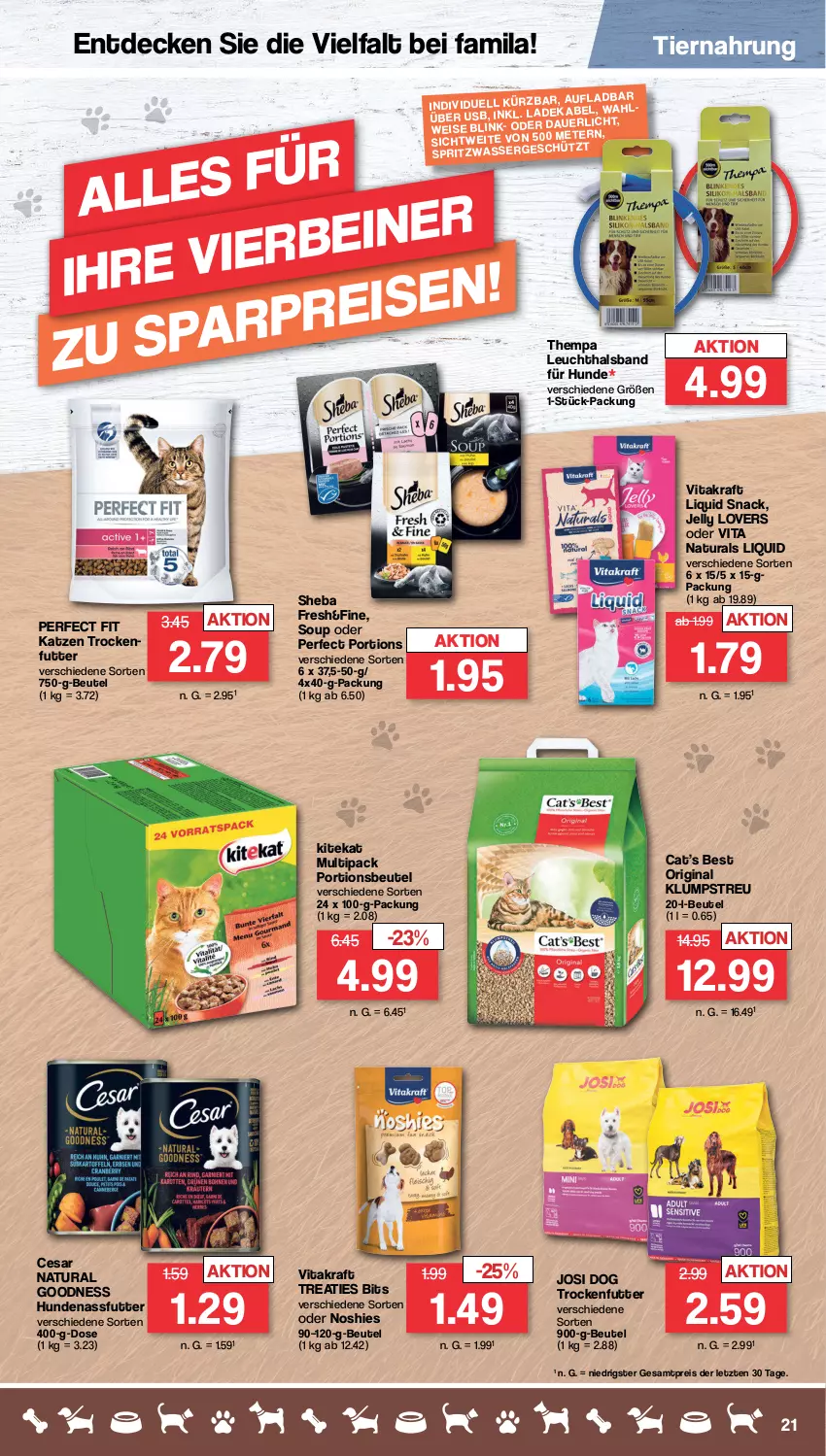 Aktueller Prospekt Famila - Prospekte - von 16.01 bis 21.01.2023 - strona 21 - produkty: beutel, decke, eis, gin, kitekat, klumpstreu, kraft, nassfutter, natur, natura, Perfect Fit, portionsbeutel, reis, sheba, snack, Ti, tiernahrung, trockenfutter, usb, vita, vitakraft, ZTE