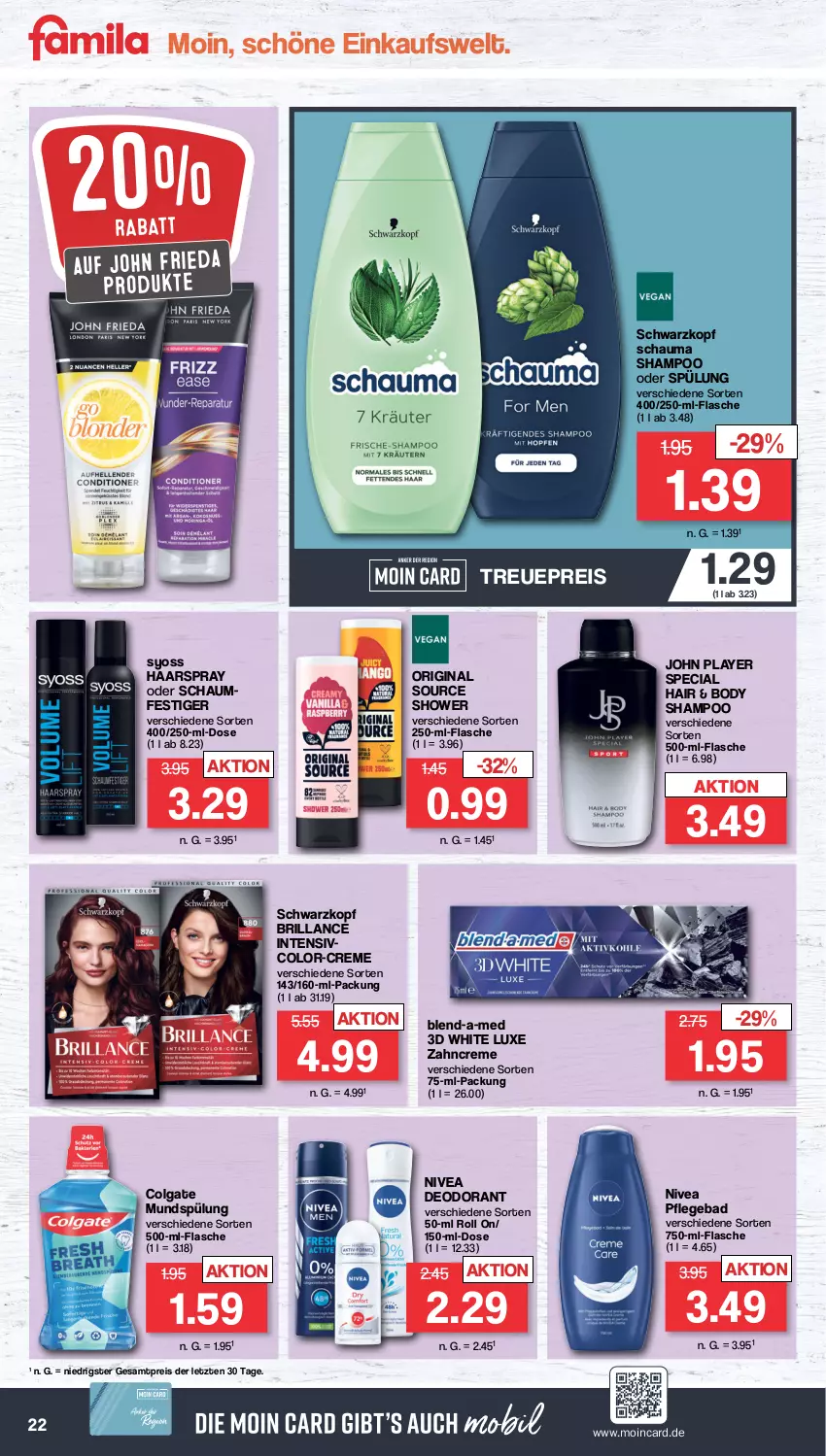 Aktueller Prospekt Famila - Prospekte - von 16.01 bis 21.01.2023 - strona 22 - produkty: Bad, blend-a-med, body, brillance, colgate, creme, deo, deodorant, eis, flasche, gin, haarspray, LG, mundspülung, nivea, oder schaumfestiger, reis, schauma, schauma shampoo, schaumfestiger, schwarzkop, schwarzkopf, shampoo, shampoo oder spülung, spülung, syoss, Ti, Yo, zahncreme, ZTE