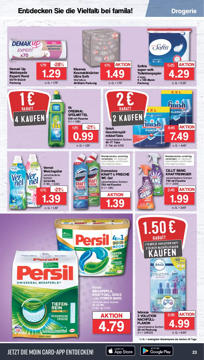 Aktueller Prospekt Famila - Prospekte - von 16.01 bis 21.01.2023 - strona 23 - produkty: bio, biozidprodukte, Cillit, cillit bang, decke, domestos, eis, febreze, Finish, flasche, geschirr, gin, kosmetik, Kosmetiktücher, kraft, megaperls, papier, persil, Rauch, reiniger, reis, rwe, spülmittel, Ti, toilettenpapier, tücher, vernel, wattepads, weichspüler, würfel, ZTE