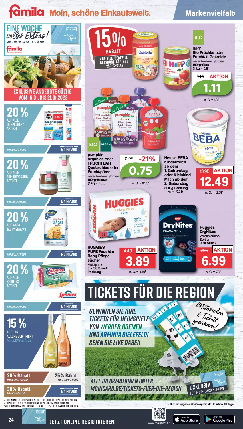 Aktueller Prospekt Famila - Prospekte - von 16.01 bis 21.01.2023 - strona 24 - produkty: angebot, angebote, Beba, bebivita, beutel, bio, doppelherz, DryNites, eis, erde, frucht, früchte, hipp, Huggies, Kinder, kindermilch, milch, püree, reis, snack, snacks, Spiele, spontex, Tchibo, Ti, tücher, vita, wasa, ZTE, Zum Dorfkrug