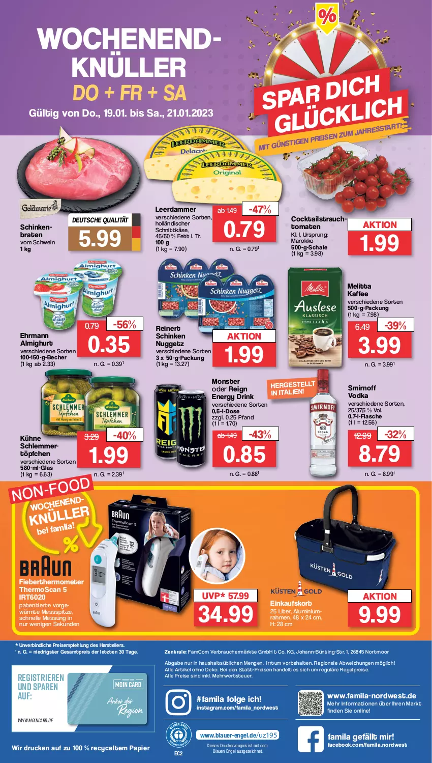 Aktueller Prospekt Famila - Prospekte - von 16.01 bis 21.01.2023 - strona 32 - produkty: almighur, almighurt, auer, Becher, braten, cocktail, cocktails, drink, drucker, ehrmann, ehrmann almighurt, einkaufskorb, eis, elle, energy drink, Engel, flasche, holländischer schnittkäse, kaffee, Käse, kerze, korb, Kühne, leerdammer, LG, melitta, monster, ndk, papier, Rauch, regal, reinert, reis, rwe, Schal, Schale, schinken, schnittkäse, schwein, smirnoff, strauchtomaten, teller, thermometer, Ti, tomate, tomaten, Töpfchen, vodka, wein, ZTE