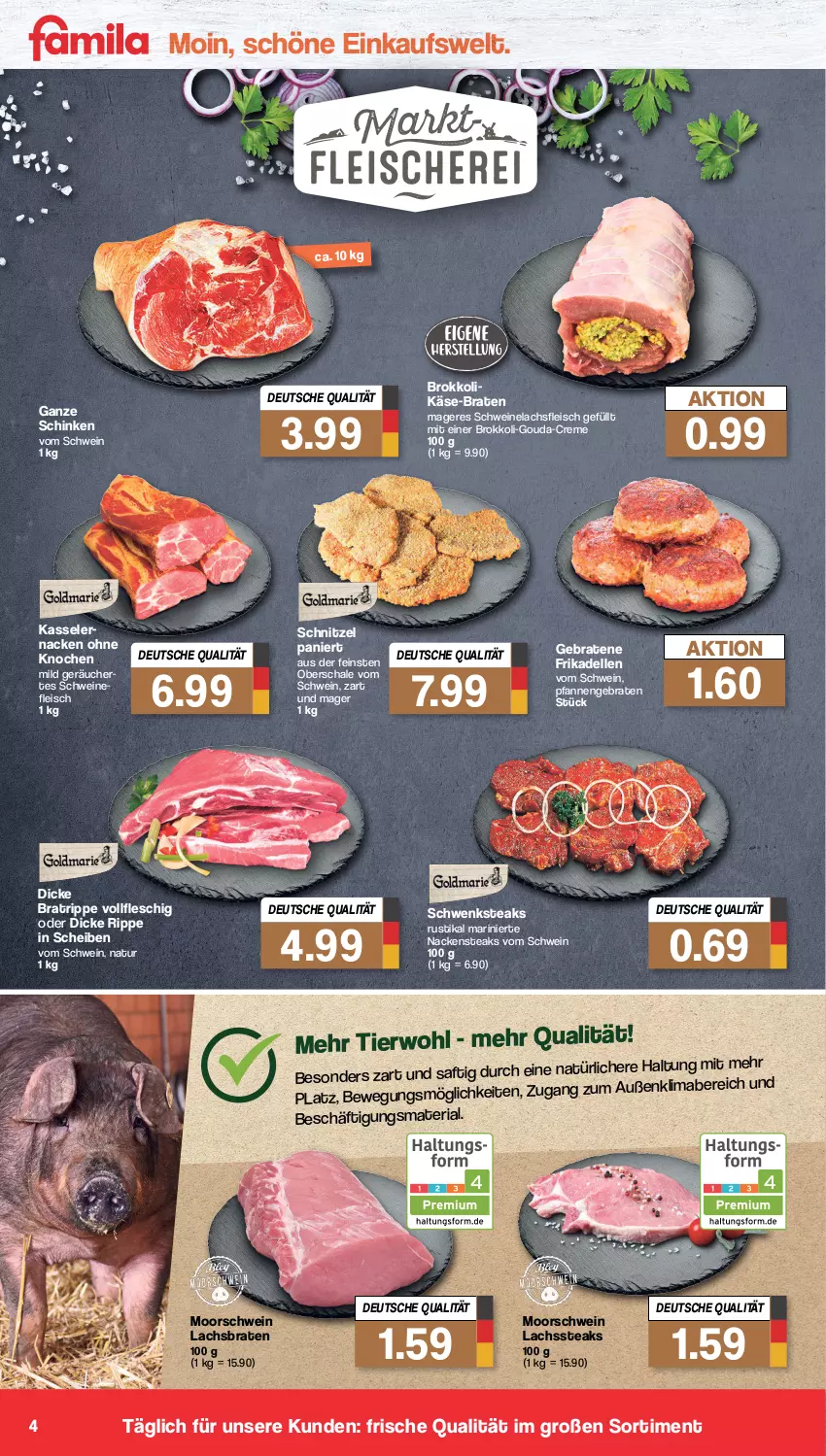 Aktueller Prospekt Famila - Prospekte - von 16.01 bis 21.01.2023 - strona 4 - produkty: braten, brokkoli, creme, dell, eis, elle, fleisch, frikadellen, gouda, Käse, kasseler, lachs, Lachsbraten, mab, Nackensteak, nackensteaks, natur, pfanne, pfannen, Ria, saft, Schal, Schale, schinken, schnitzel, schwein, schweine, schweinefleisch, steak, steaks, Ti, wein, weine