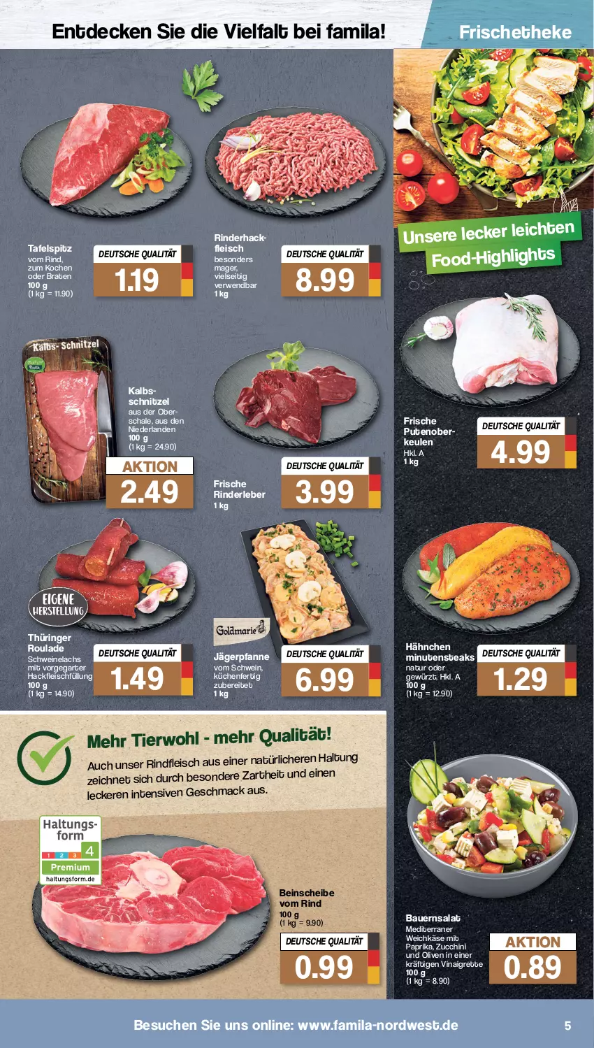 Aktueller Prospekt Famila - Prospekte - von 16.01 bis 21.01.2023 - strona 5 - produkty: auer, Bau, Bauer, Bauernsalat, braten, decke, eis, fleisch, gewürz, hackfleisch, Käse, küche, Küchen, lachs, mac, minutensteaks, mit paprika, natur, olive, oliven, paprika, pfanne, pute, Putenoberkeule, rind, rinder, rinderhackfleisch, Rinderleber, rindfleisch, ring, rwe, salat, Schal, Schale, schnitzel, schwein, schweine, Schweinelachs, steak, steaks, tafelspitz, Ti, weichkäse, wein, weine, zucchini