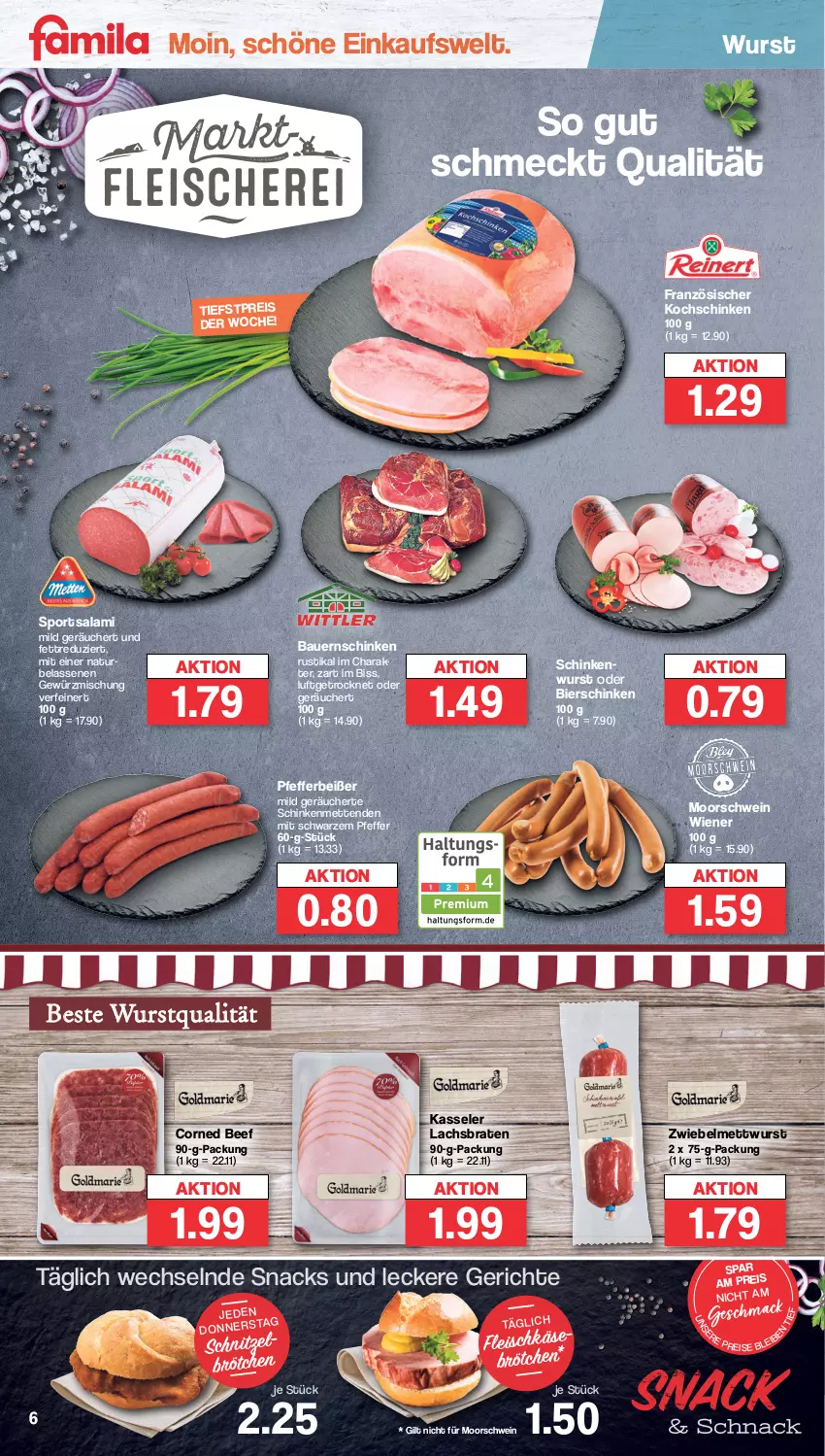 Aktueller Prospekt Famila - Prospekte - von 16.01 bis 21.01.2023 - strona 6 - produkty: auer, Bau, Bauer, Bauernschinken, beef, bier, bierschinken, braten, brötchen, corned beef, eis, fleisch, gewürz, Gewürzmischung, kasseler, kochschinken, lachs, Lachsbraten, mac, Mett, metten, Mettenden, mettwurst, natur, pfeffer, Pfefferbeißer, reis, salami, schinken, schinkenwurst, schnitzel, schwein, snack, snacks, Sport, Ti, wein, wiener, wurst, zwiebel, zwiebelmettwurst